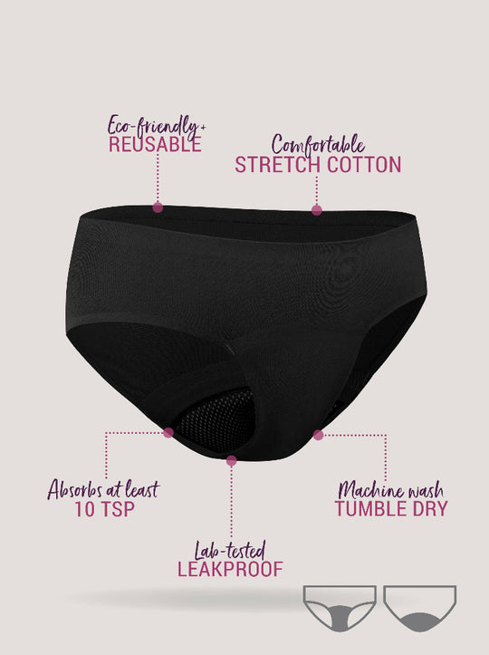 Infographic showing benefits of Just’nCase cotton midi briefs with extra absorbency 
