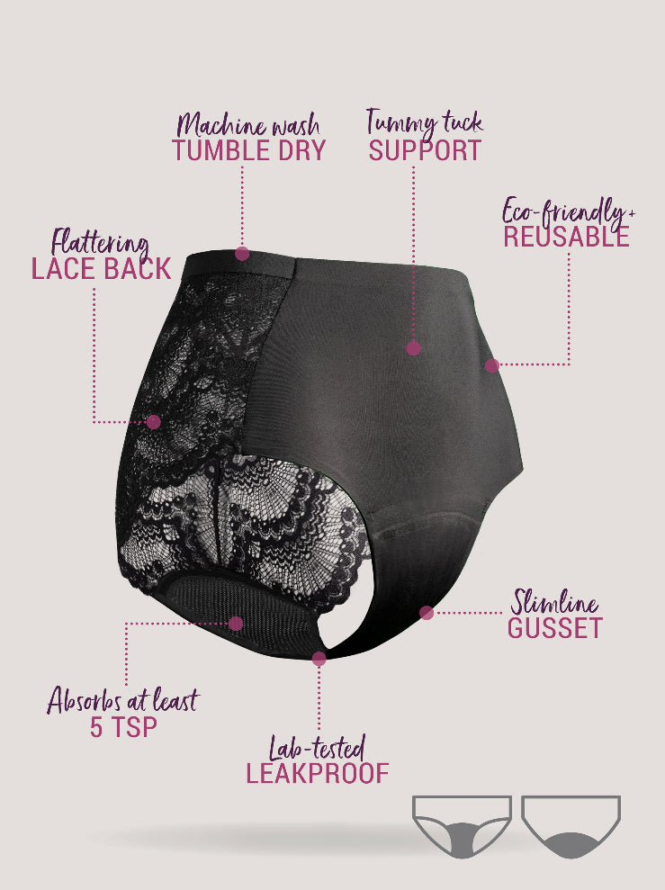 Infographic about Just'nCase womens full briefs in black lace with product benefits