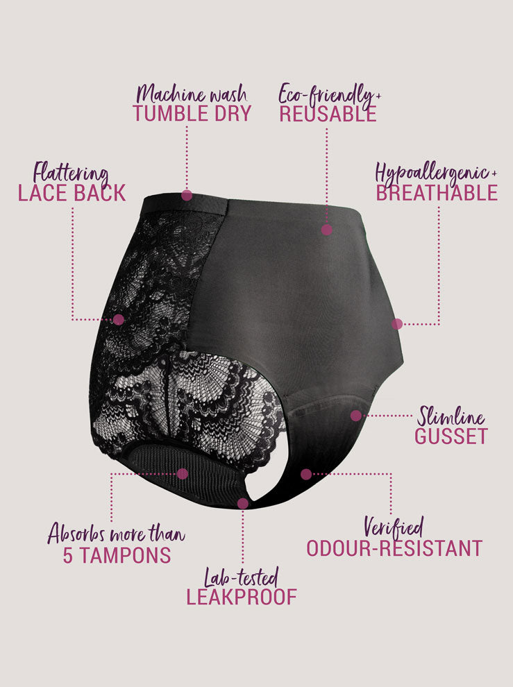 Infographic about Just'nCase womens full briefs in black lace with product benefits